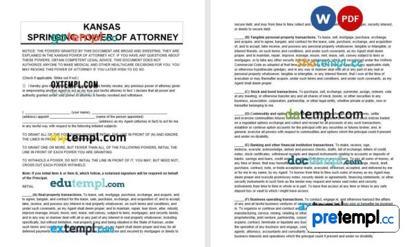 Kansas Springing Power of Attorney example, fully editable