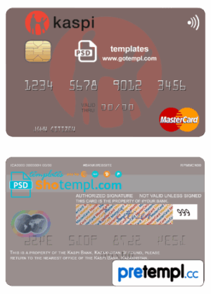 Kazakhstani Kaspi Bank mastercard fully editable credit card example in PSD format