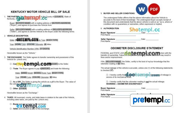 Kentucky Motor Vehicle Bill of Sale example, fully editable