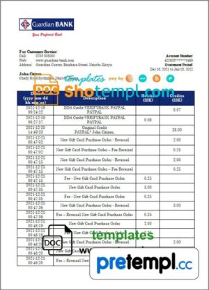 Kenyan Guardian Bank statement example in Word and PDF format