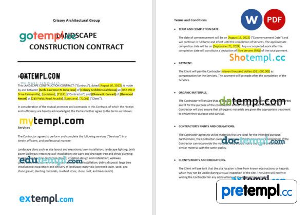 free download landscape construction contract example, Word and PDF format