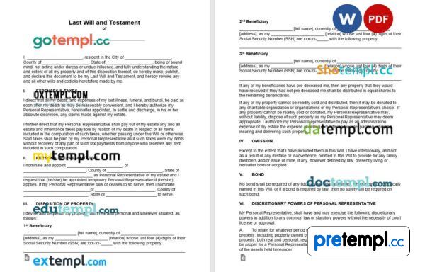 free download last will and testament example, Word and PDF format