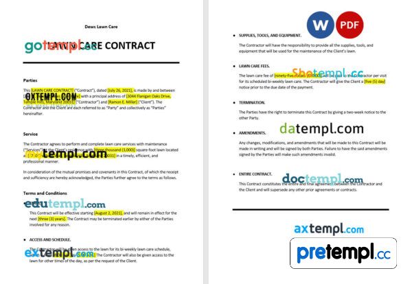 free download lawn care contract example, Word and PDF format