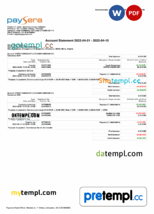 Lithuanian Paysera account statement, Word and PDF example