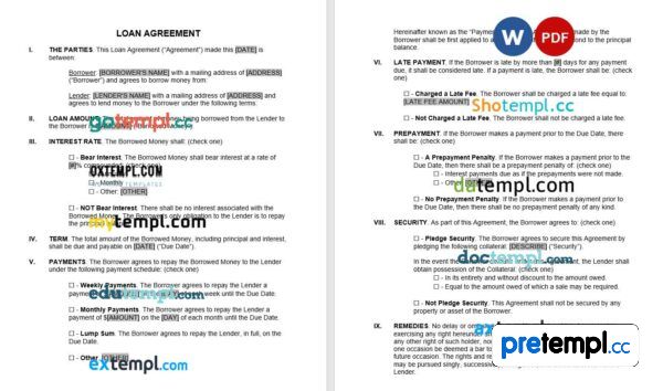 Loan Agreement version 1 Word example, fully editable