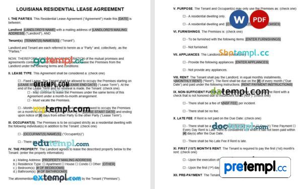 Louisian Standard Residential Lease Agreement Word example, fully editable