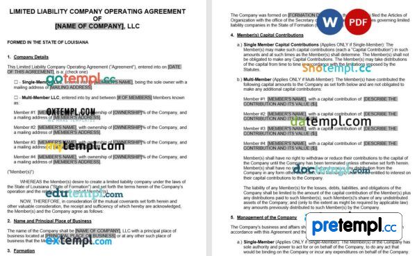 Louisiana LLC Operating Agreement Word example, fully editable