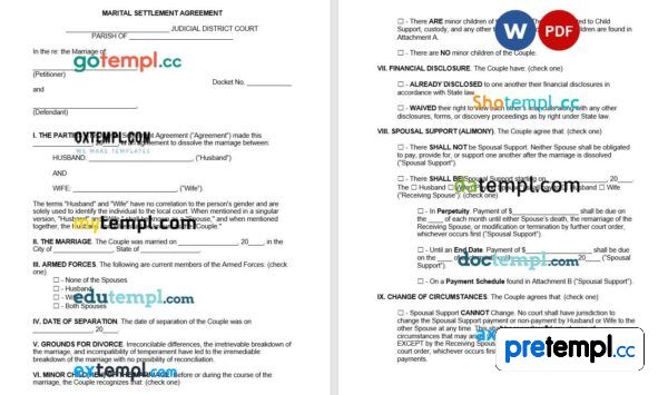 Louisiana Marital Settlement Agreement Word example, fully editable