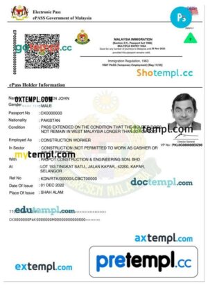 Malaysian e-pass multiple entry visa PSD example, completely editable, with fonts