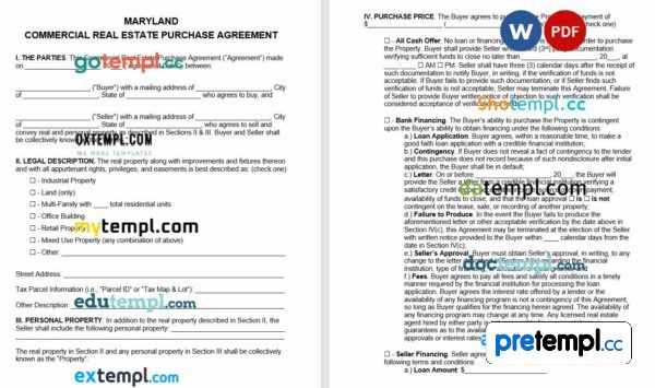 Maryland Commercial Real Estate Purchase Agreement Word example, fully editable