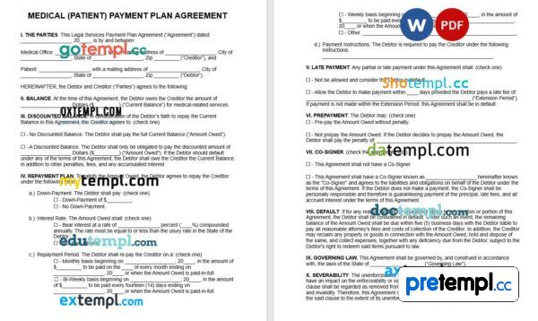 Medical Patient Payment Plan Agreement Word example, fully editable