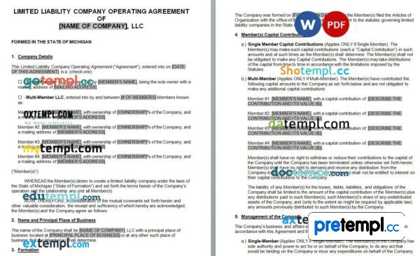 Michigan LLC Operating Agreement Word example, fully editable