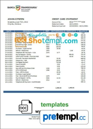 Moldovan Banca Transilvania bank statement 3 - 6 months example in Word and PDF format