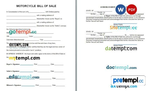 Motorcycle Bill of Sale Word example, fully editable