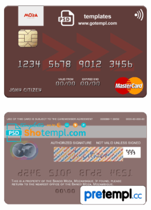 Mozambican Banco Moza mastercard, fully editable example in PSD format
