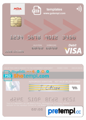 Mozambican Banco Moza visa debit card, fully editable example in PSD format