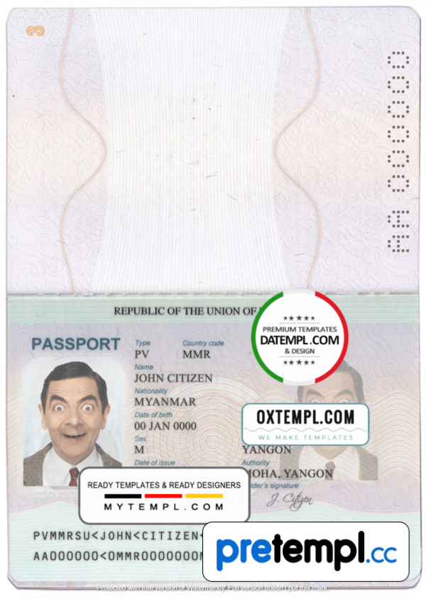 Myanma passport example in PSD format, with all fonts - Pretempl
