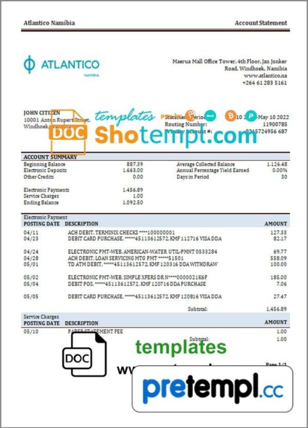 Namibian Atlantico bank statement 3 - 6 months example in Word and PDF format