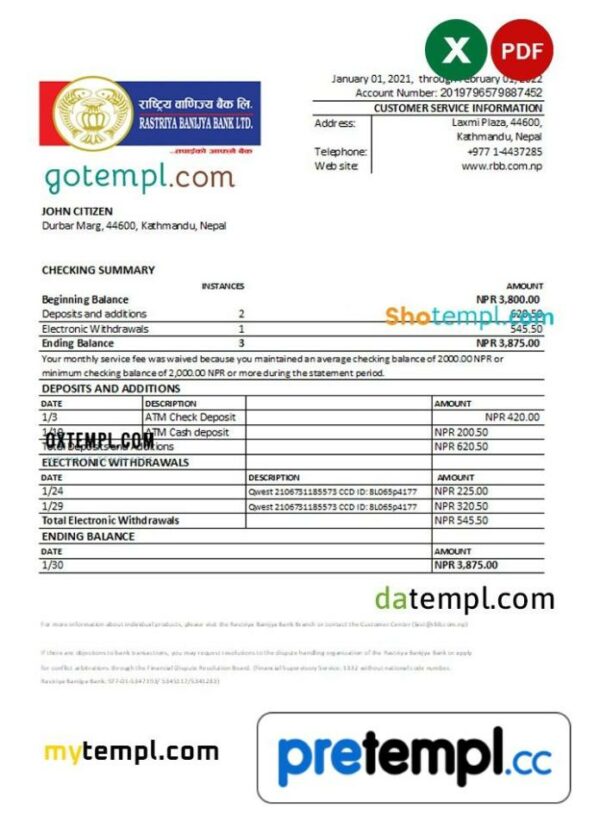 Nepali Rastriya Banijya bank statement 3 - 6 months Excel and PDF example