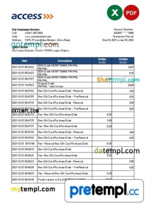 Nigerienia Access bank statement 3 - 6 months Excel and PDF example