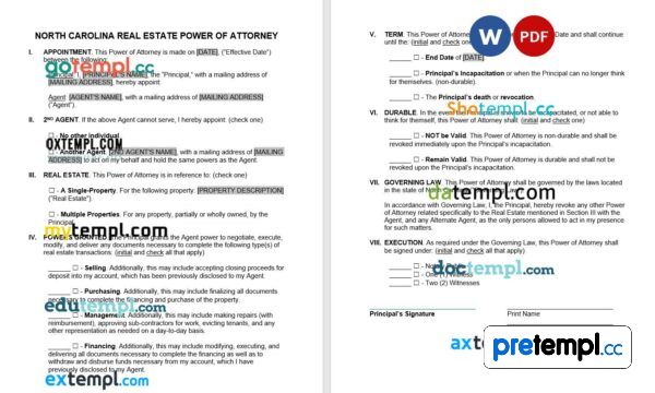 North Carolina Real Estate Power of Attorney Form example, fully editable