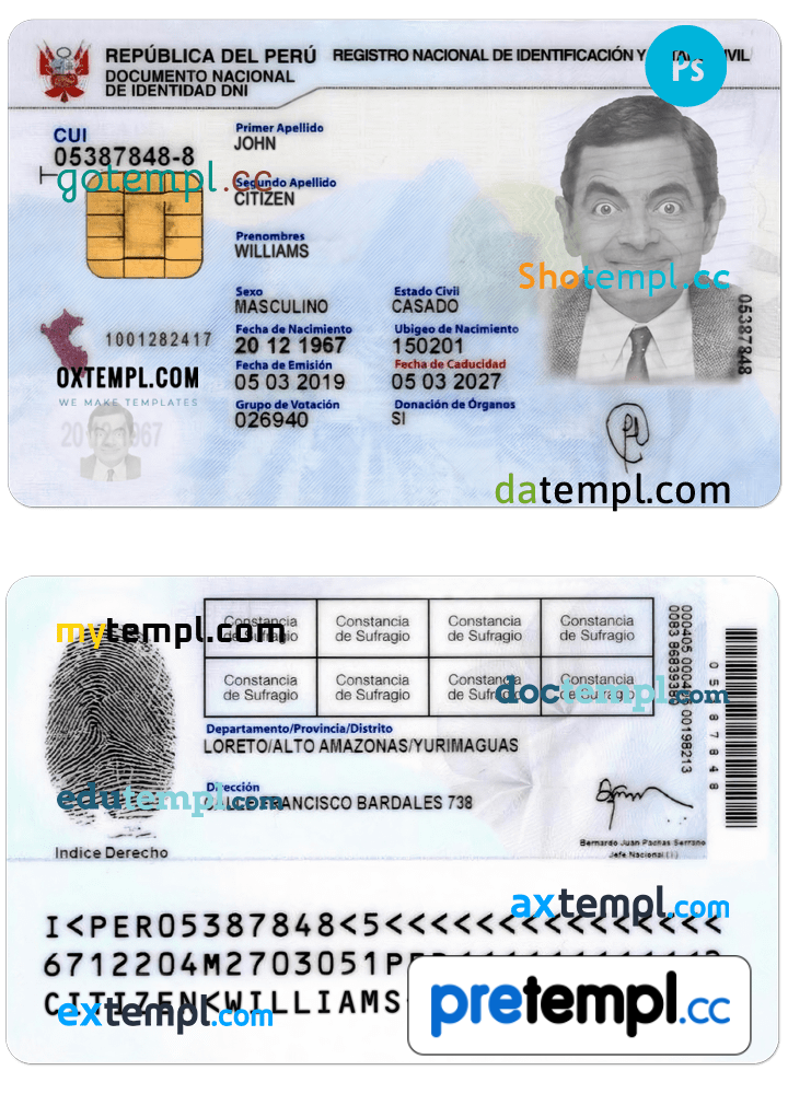 Peruvian id card download PSD example, with fonts - Pretempl