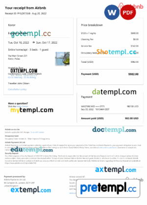 Palauan Airbnb booking confirmation Word and PDF example