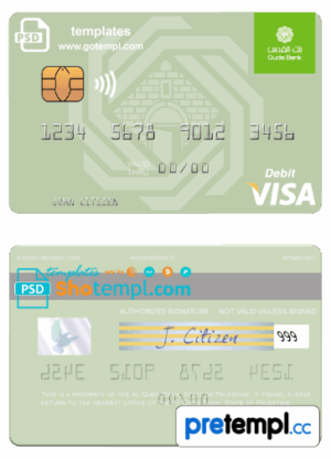 Palestinian Al Quds Bank visa debit card, fully editable example in PSD format