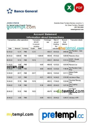 Panamanian Banco General bank statement 3 - 6 months Excel and PDF example