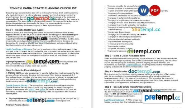 Pennsylvania Estate Planning Checklist example, fully editable