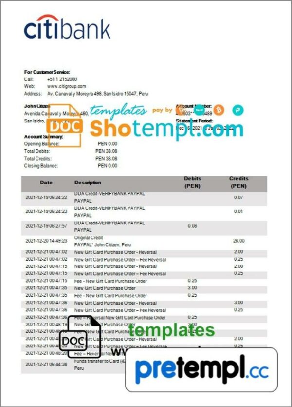 Peruvian Citibank bank statement 3 - 6 months example in Word and PDF format