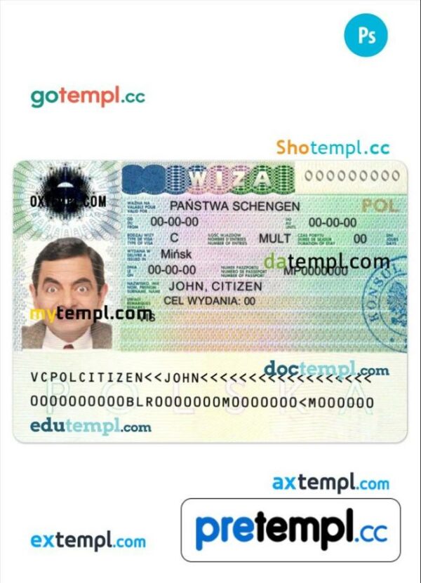 Polish schengen visa PSD example, with fonts