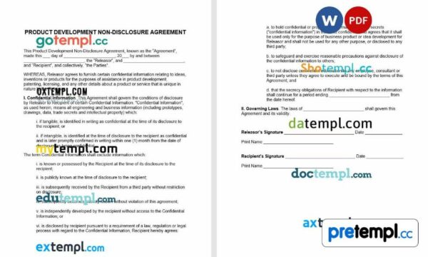 free download product development non-disclosure agreement NDA example, Word and PDF format