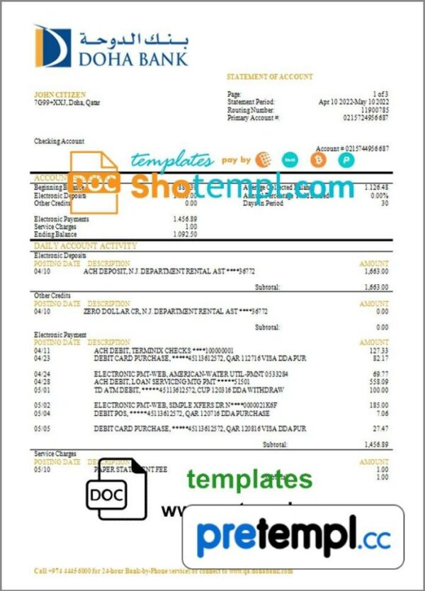 Qatari Doha Bank statement example in Word and PDF format