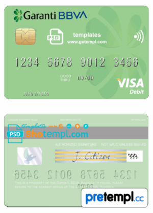 Romanian Garanti BBVA visa debit card, fully editable example in PSD format