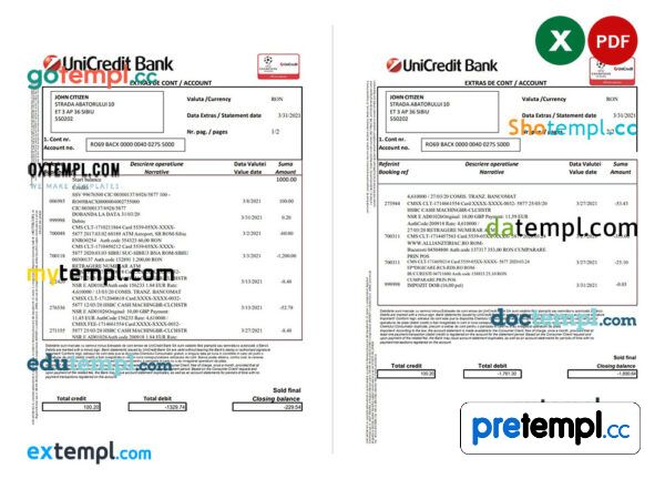 Romanian UniCredit Bank statement example in Excel and PDF format (2 pages) in Romaniann and English languages