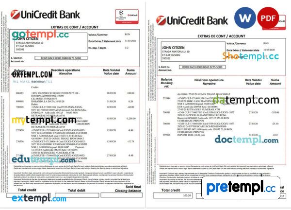 Romanian UniCredit Bank statement example in Word and PDF format (2 pages) in Romaniann and English languages