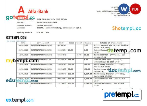 Russian Alfa bank proof of address statement example in Word and PDF format