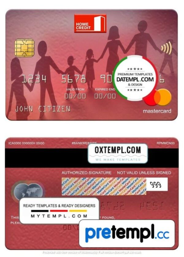 Russian Home Credit bank mastercard, fully editable example in PSD format