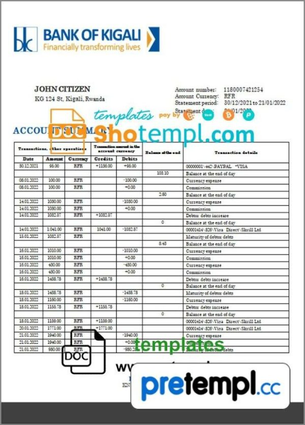 Rwanda Bank of Kigali bank proof of address statement example in Word and PDF format