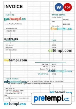 SEO Invoice example in word and pdf format