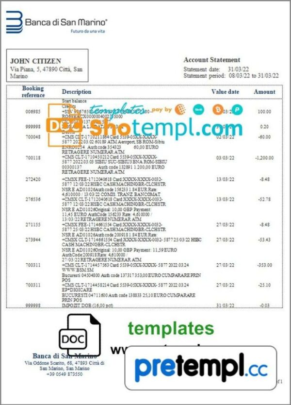 San Marino Banca di San Marino bank statement 3 - 6 months example in Word and PDF format