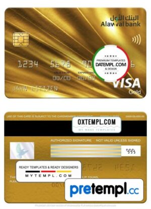 Saudi Arabian Alawwal Bank visa gold card, fully editable example in PSD format