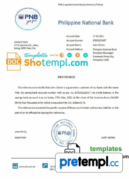 Filipino Philippine National Bank bank reference letter example in Word and PDF format