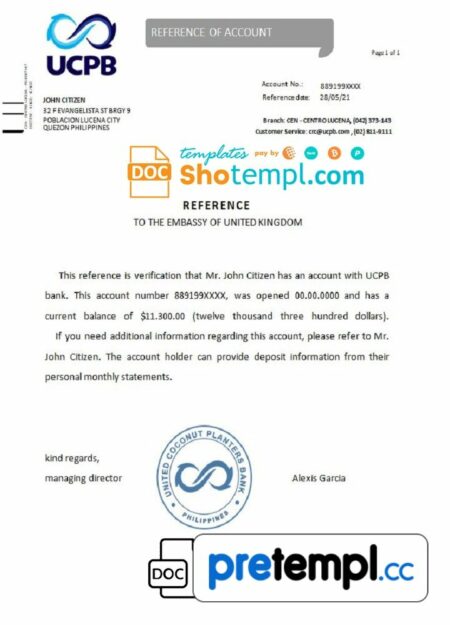 Filipino UCPB bank reference letter example in Word and PDF format