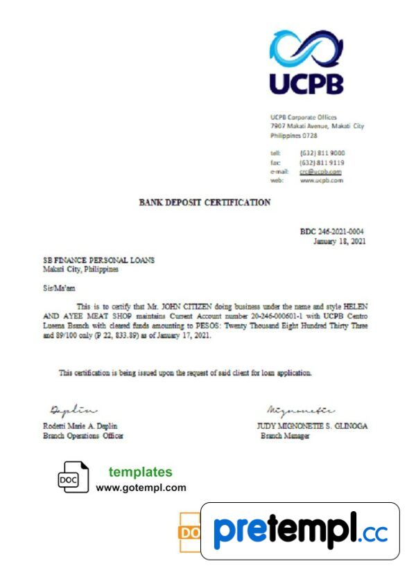 Filipino UCPB bank deposit certification letter in Word and PDF format