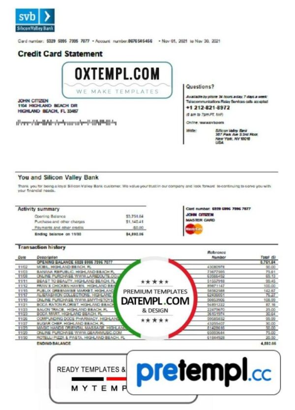 USA Florida Silicon Valley bank credit card statement example in Word and PDF format