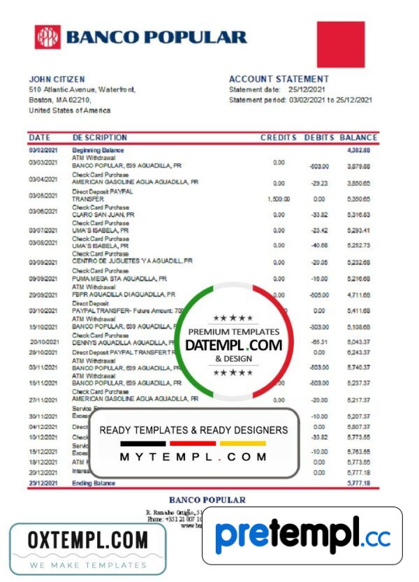 Portuguese Banco Popular bank statement 3 - 6 months example in Excel and PDF format, .xls and .pdf format