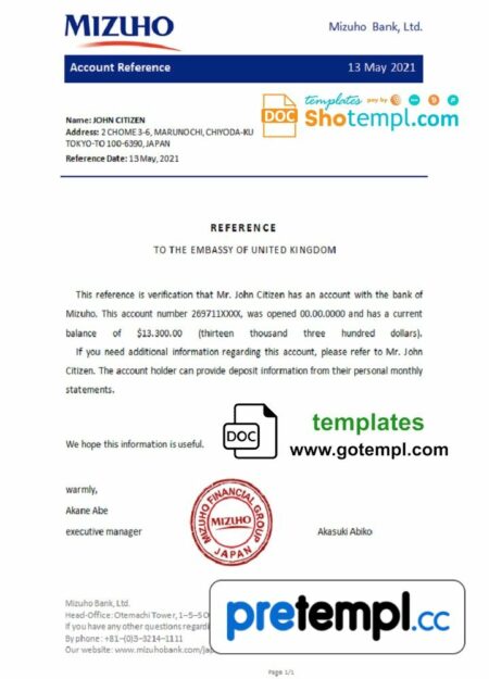 Japanese Mizuho bank account reference letter example in Word and PDF format