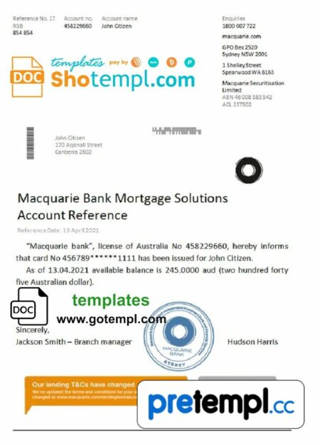 Australian Macquarie bank reference letter example in Word and PDF format